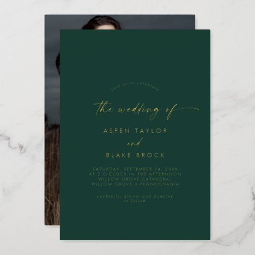 Modern Gold Foil Script  Emerald Photo Wedding Foil Invitation
