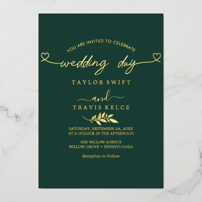 Modern Gold Foil Script | Emerald Photo Wedding  Invitation (Front)