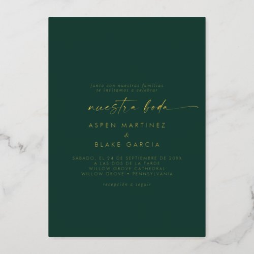 Modern Gold Foil Script  Emerald Spanish Wedding Foil Invitation