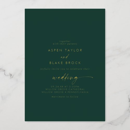 Modern Gold Foil Script  Emerald Wedding Foil Invitation