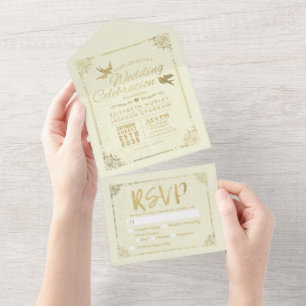 Modern Gold Foil Script Floral Frame Wedding RSVP All In One Invitation