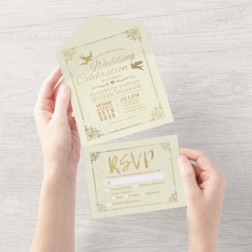 Modern Gold Foil  Script Floral Frame Wedding RSVP All In One Invitation