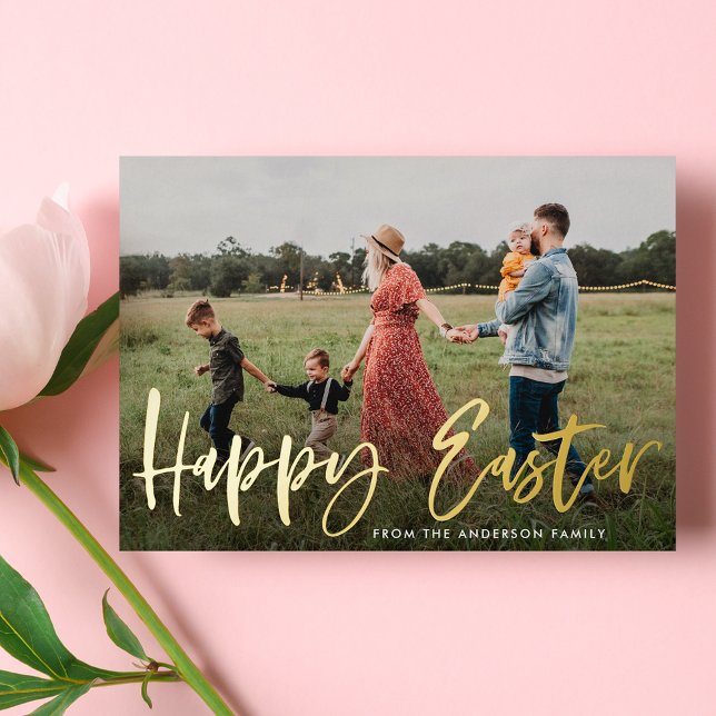 Modern Gold Foil Script Happy Easter Photo Foil Holiday Card (Creator Uploaded)