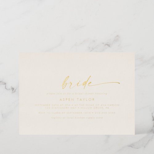 Modern Gold Foil Script Ivory Bride Bridal Shower Foil Invitation