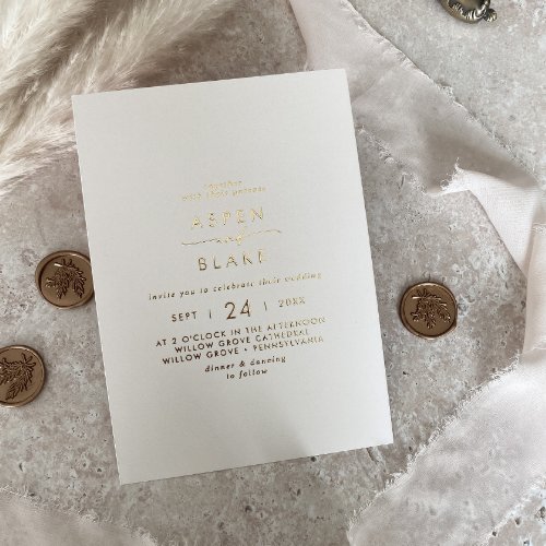 Modern Gold Foil Script  Ivory Casual Wedding Foil Invitation