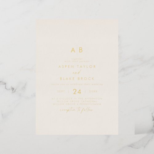 Modern Gold Foil Script  Ivory Monogram Wedding Foil Invitation