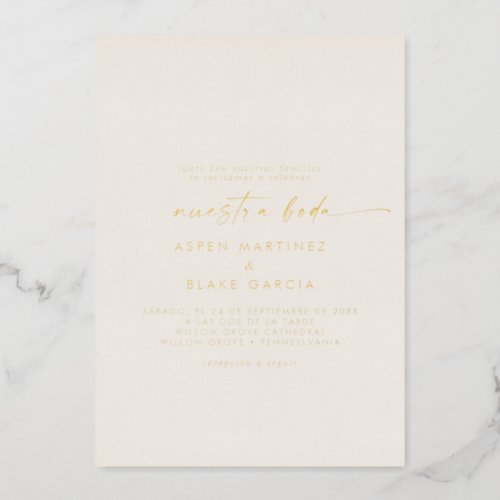 Modern Gold Foil Script Ivory Nuestra Boda Wedding Foil Invitation