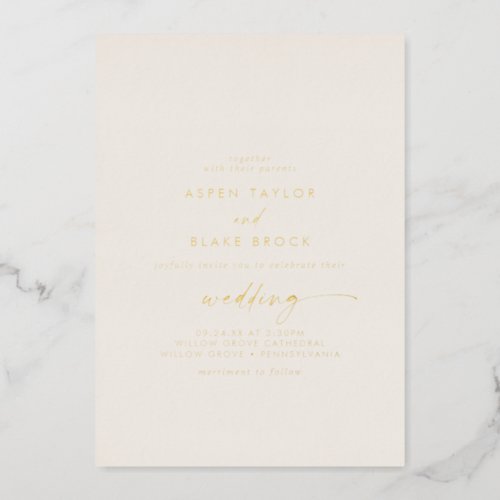Modern Gold Foil Script  Ivory Wedding Foil Invitation