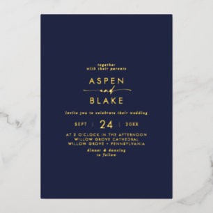 Modern Gold Foil Script   Navy Casual Wedding Foil Invitation