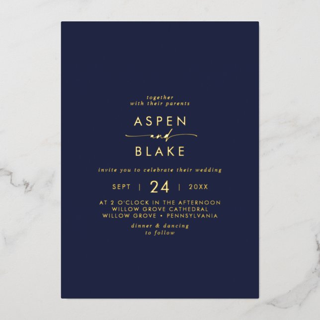 Modern Gold Foil Script | Navy Casual Wedding Invitation (Front)