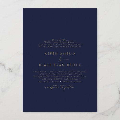 Modern Gold Foil Script  Navy Formal Wedding Foil Invitation