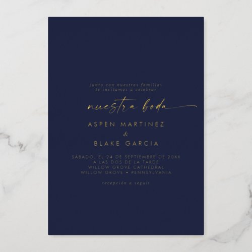 Modern Gold Foil Script Navy Nuestra Boda Wedding Foil Invitation