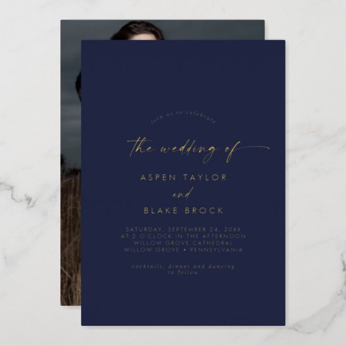 Modern Gold Foil Script  Navy Photo Wedding Foil Invitation