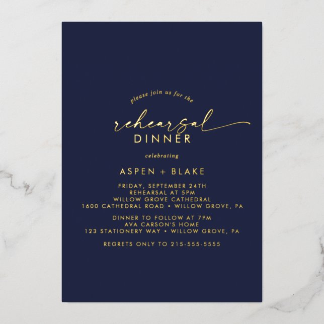 Modern Gold Foil Script | Navy Rehearsal Dinner Foil Invitation (Front)