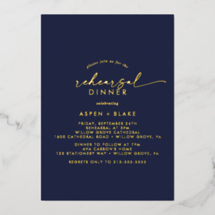 Modern Gold Foil Script   Navy Rehearsal Dinner Invitation