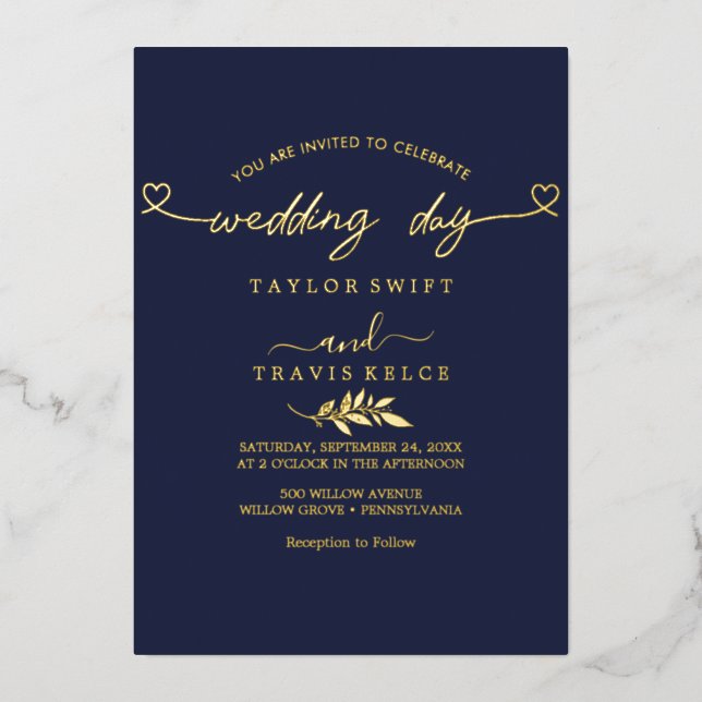Modern Gold Foil Script Navy Wedding day Foil Invitation (Front)