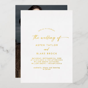 Modern Gold Foil Script Photo Wedding Foil Invitation