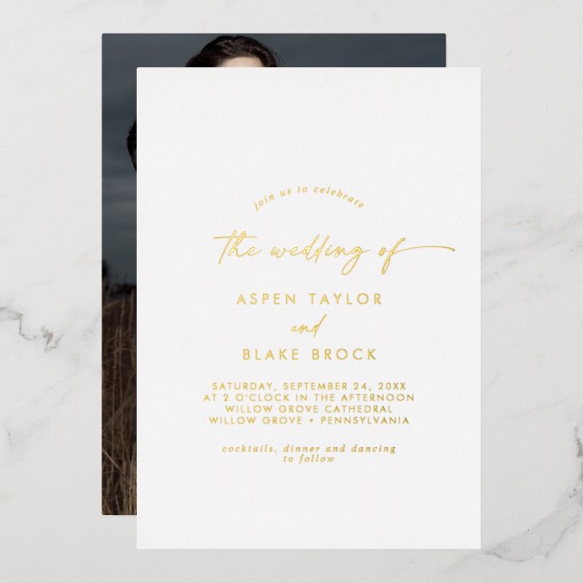 Modern Gold Foil Script Photo Wedding Foil Invitation (Front/Back)