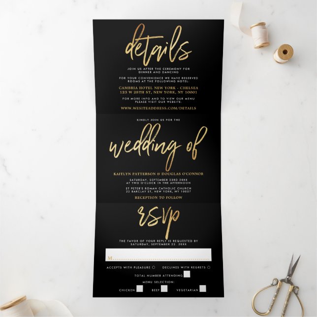 Modern Gold Foil Script Wedding Suite Tri-Fold Invitation (Inside)