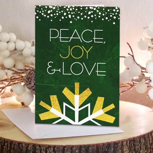 Modern Gold Foil Snowflake Green Peace Joy Love Holiday Card