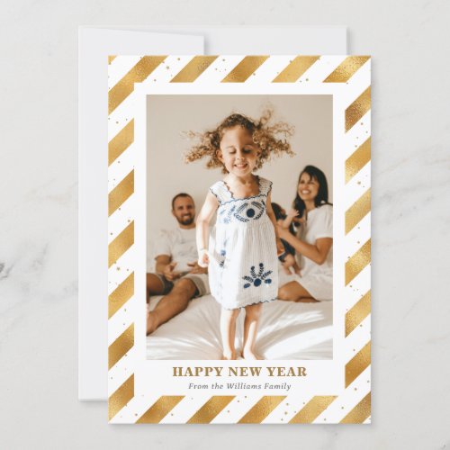 Modern Gold Foil Stripes Photo Happy New Year Card