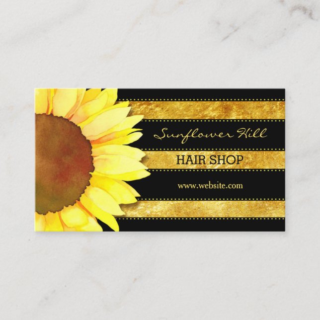 Modern Gold Foil Stripes Sunflower Business Cards (Front)
