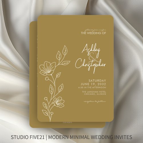 Modern Gold Foliage Outline All_in_One Wedding Invitation