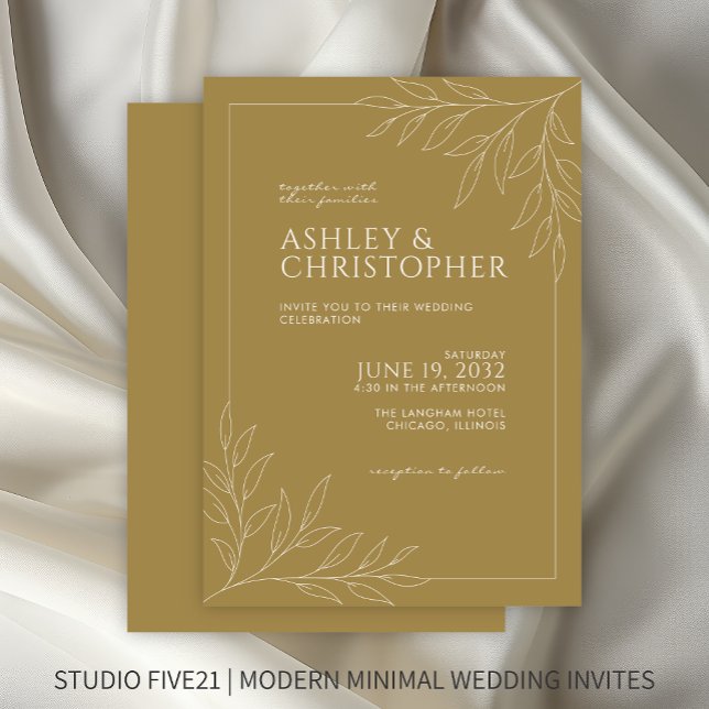 Modern Gold Foliage Outline Wedding Invitation (Creator Uploaded)