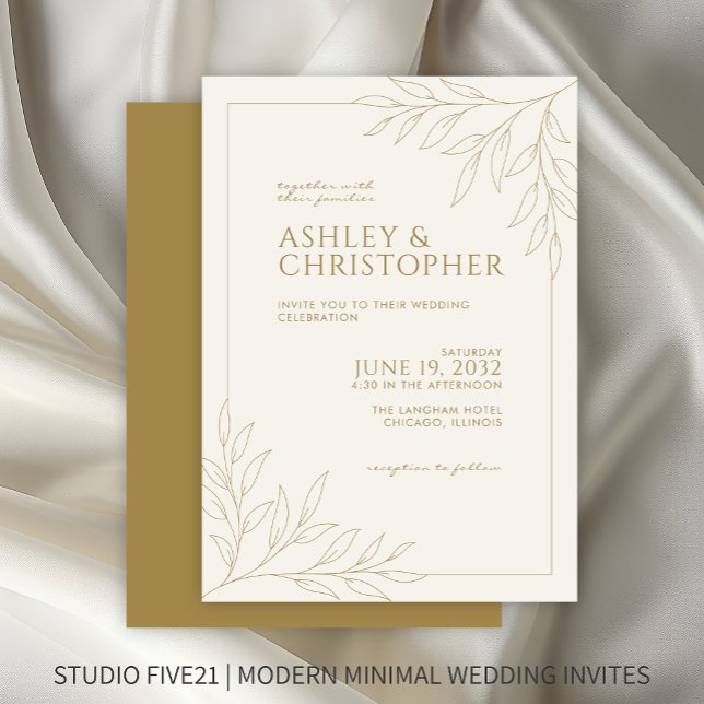 Modern Gold Foliage Outline Wedding Invitation (Creator Uploaded)