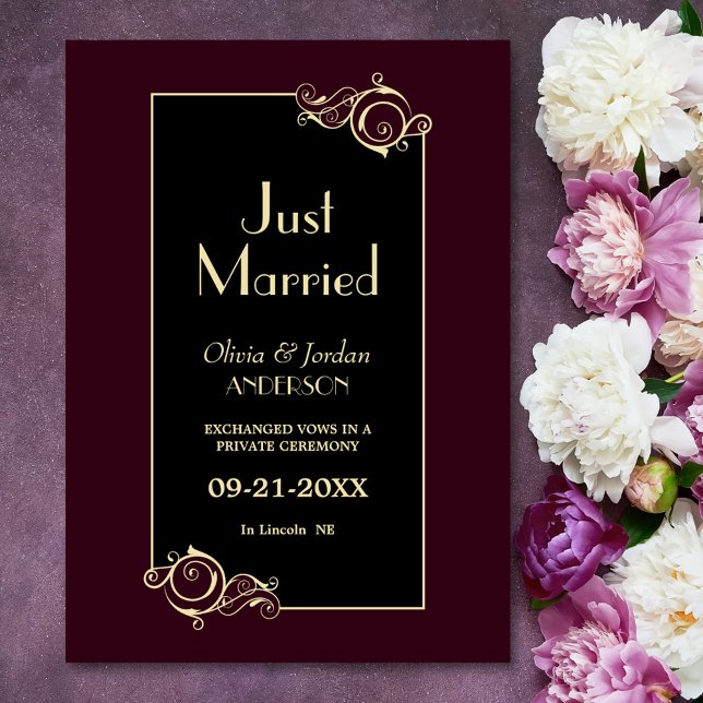 Modern Gold Frame Black Burgundy Just Married Announcement (Creator Uploaded)
