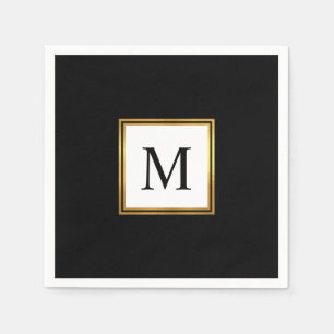 Modern Gold Frame Black White Monogram Wedding Napkins