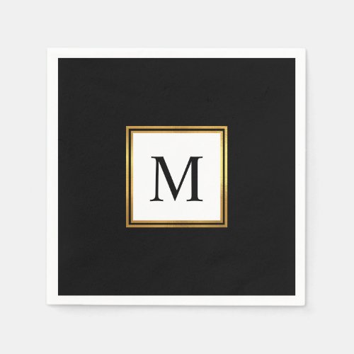 Modern Gold Frame Black White Monogram Wedding Napkins