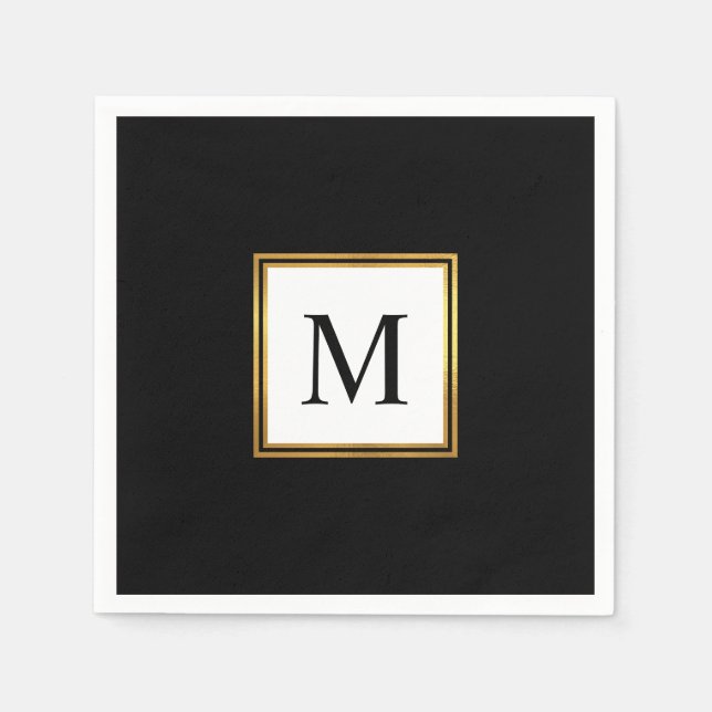 Modern Gold Frame Black White Monogram Wedding Napkins (Front)