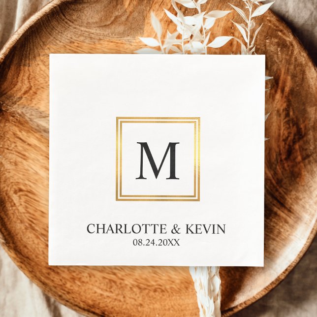 Modern Gold Frame Black White Monogram Wedding Napkins (Modern Gold Frame Black White Monogram Wedding Napkins)