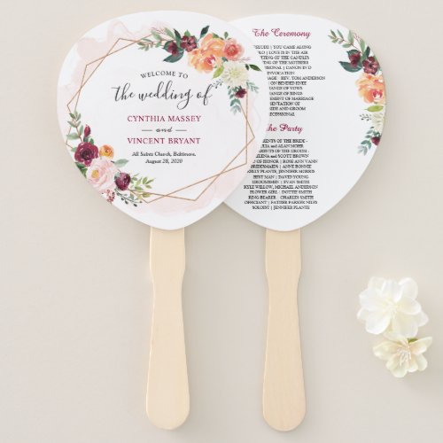 Modern Gold Frame Bloom Floral Wedding Program Hand Fan