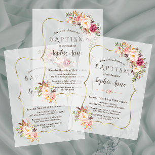 Modern Gold Frame Blush Pink Flowers Girl Baptism Vellum Invitations