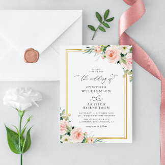 modern gold frame blush watercolor floral wedding invitation