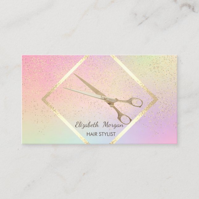 Modern Gold Frame,Confetti,Scissors Holographic Business Card (Front)