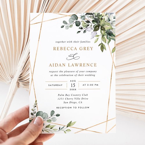 Modern Gold Frame Eucalyptus Greenery Wedding Invitation