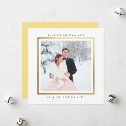 Modern Gold Frame First Christmas Mr and Mrs Holiday Card