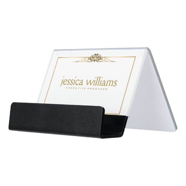 Modern Gold Frame Floral Elegant Desk Business Card Holder (Angled Front)