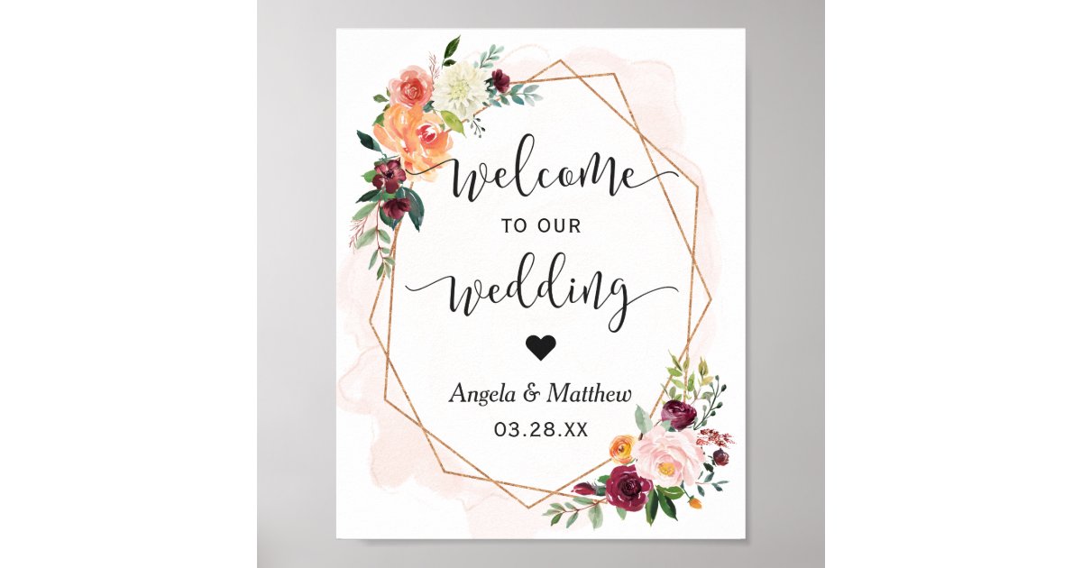 Modern Gold Frame Floral Wedding Welcome Sign Zazzle Com