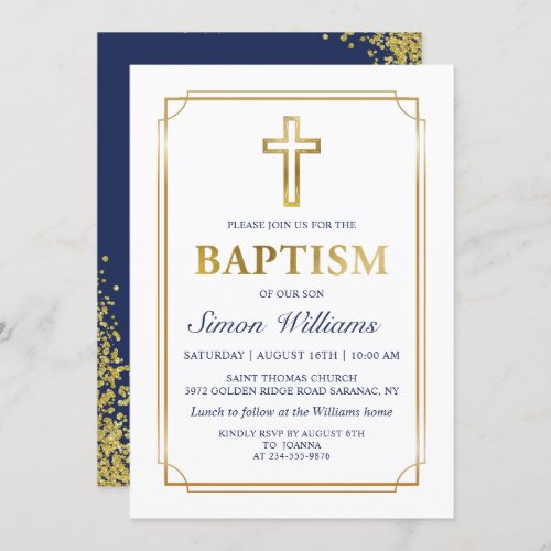 Modern Gold Frame Glitter Navy Blue Baptism Invitation