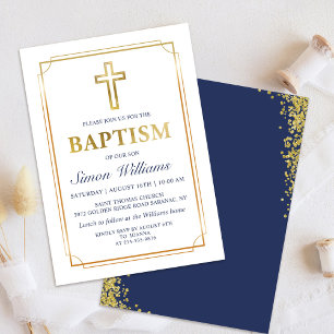 Modern Gold Frame Glitter Navy Blue Baptism Invitation