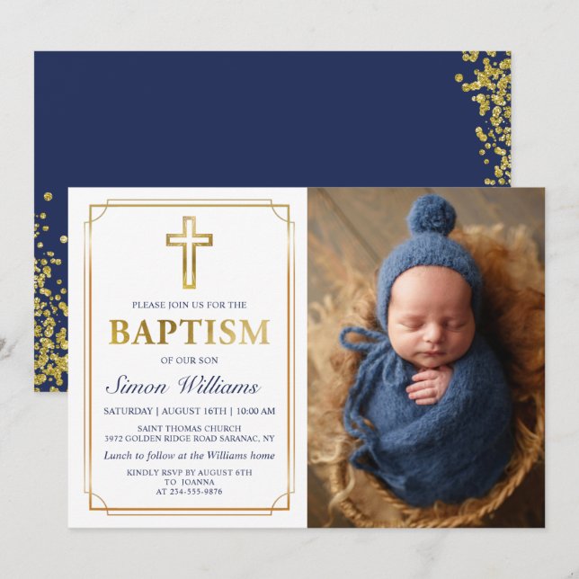 Modern Gold Frame Glitter Navy Blue Baptism Photo Invitation (Front/Back)