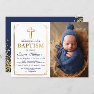Modern Gold Frame Glitter Navy Blue Baptism Photo Invitation