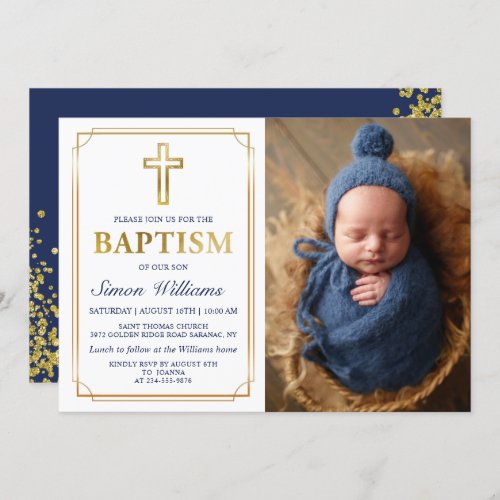 Modern Gold Frame Glitter Navy Blue Baptism Photo Invitation