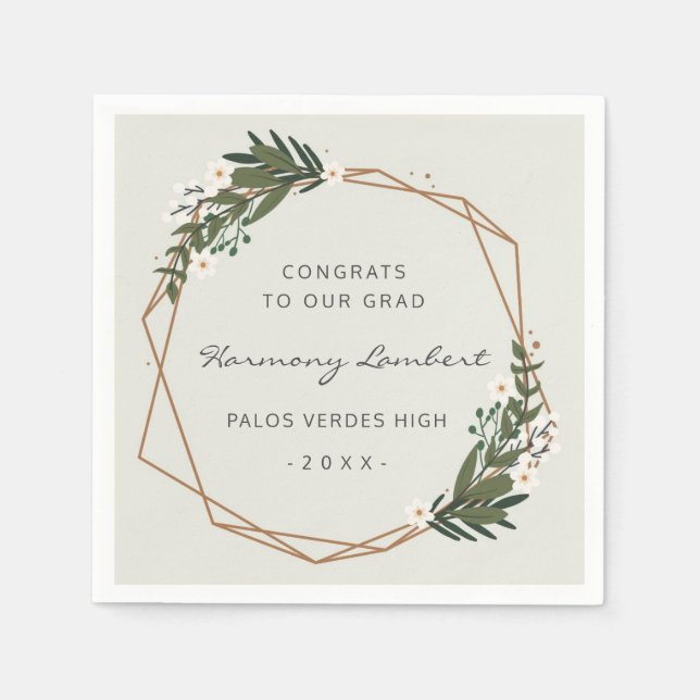 Modern Gold Frame Greenery Geometric Graduation Napkins (Front)