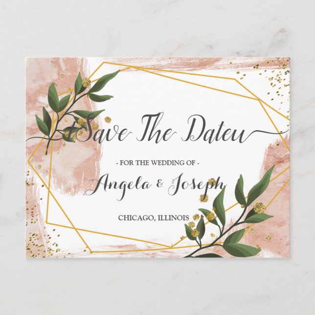 Modern Gold Frame Ivory Green Floral Save the Date Postcard (Front)