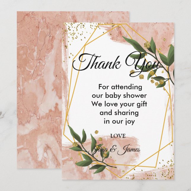 Modern Gold Frame Ivory Green Floral thank you Invitation (Front/Back)